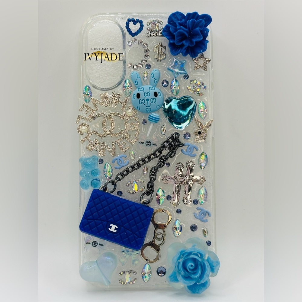 Blue Designer-Inspired iPhone 16 Case with Charms